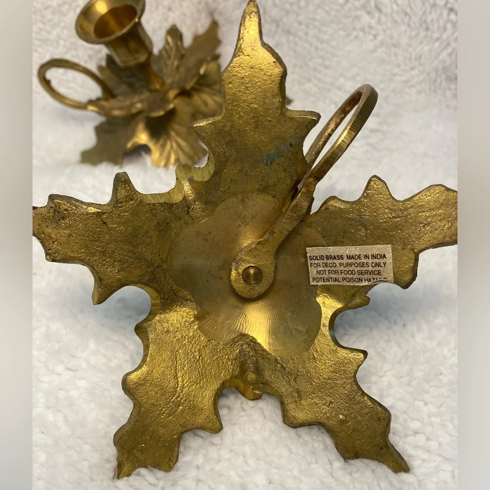 Set of Two Vintage Solid Brass Holly Leaf Candlestick Holders